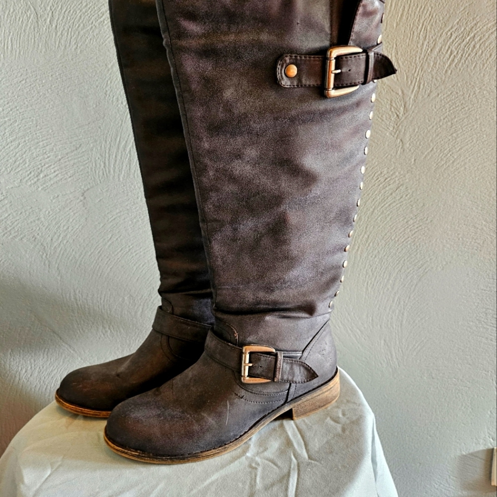 Women's Knee High Boots, Black Distressed